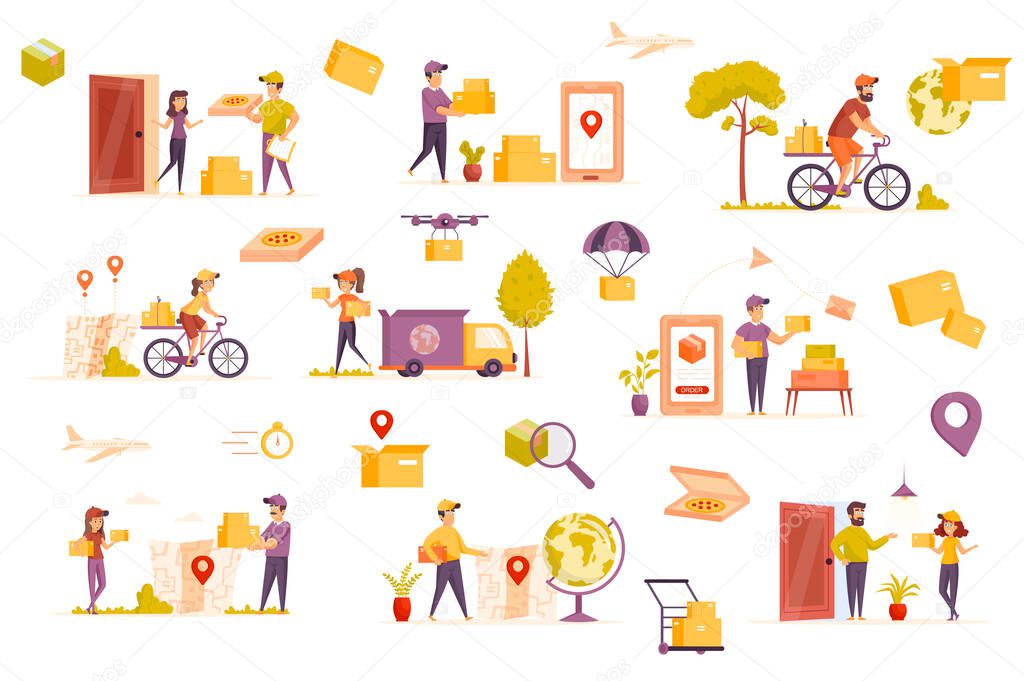 Delivery service bundle of flat scenes. Couriers holding parcels isolated set. Smartphone with app, deliveryman carrying boxes, transport elements. Express delivery at home cartoon vector illustration