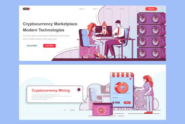 Kripto para piyasası iniş sayfaları ayarlandı. Şifreli para değişimi ve ticari şirket web sitesi. İnsanlarla düz çizgi vektör çizimi. Web konsepti başlık, dipnot veya orta içerik olarak kullanılıyor.