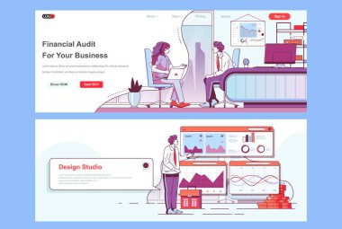 Mali denetim iniş sayfaları ayarlandı. İş yardımı ve danışmanlık şirketi web sitesi. İnsan karakterli düz çizgi vektör çizimi. Web konsepti başlık, dipnot veya orta içerik olarak kullanılıyor.