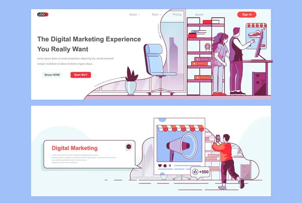 Digitaal Marketingbureau Landing Pages Set Marketing Onderzoek Promotiecampagne Corporate Website — Stockvector