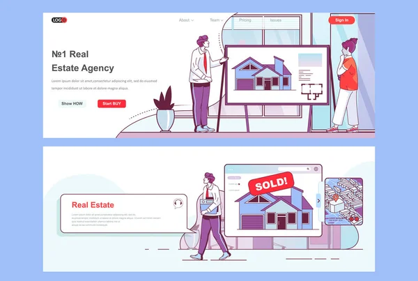 Fastighetsmäklarens Landningssidor Inställda Köp Hyra Och Sälja Hem Fastighetsinvesteringar Företags — Stock vektor