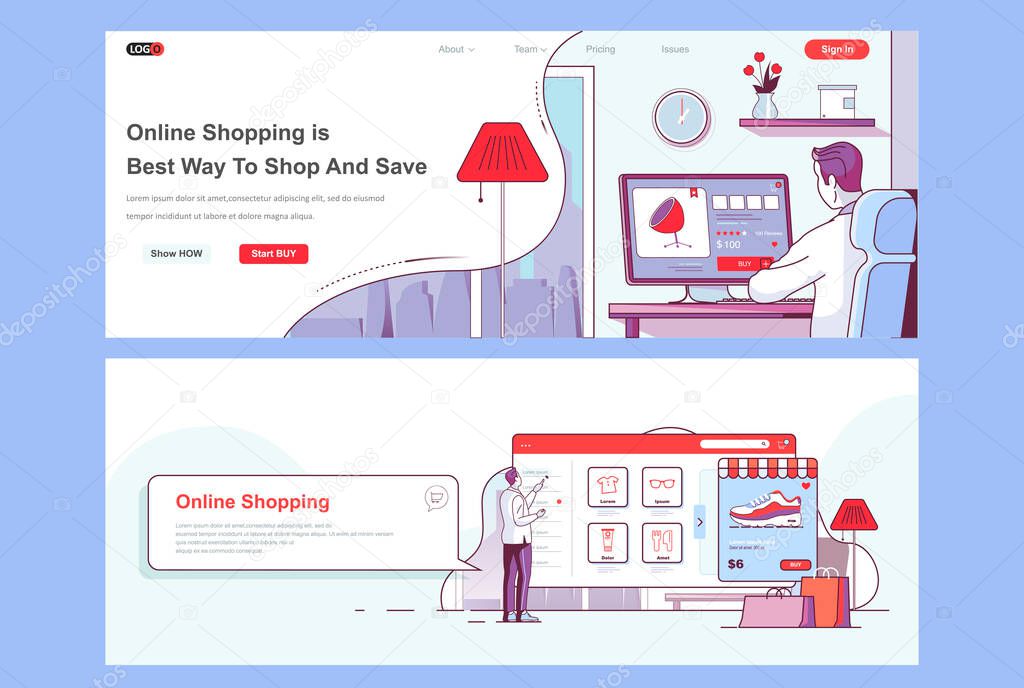 Online shopping landing pages set. Internet marketplace, store platform corporate website. Flat line vector illustration with people characters. Web concept use as header, footer or middle content.