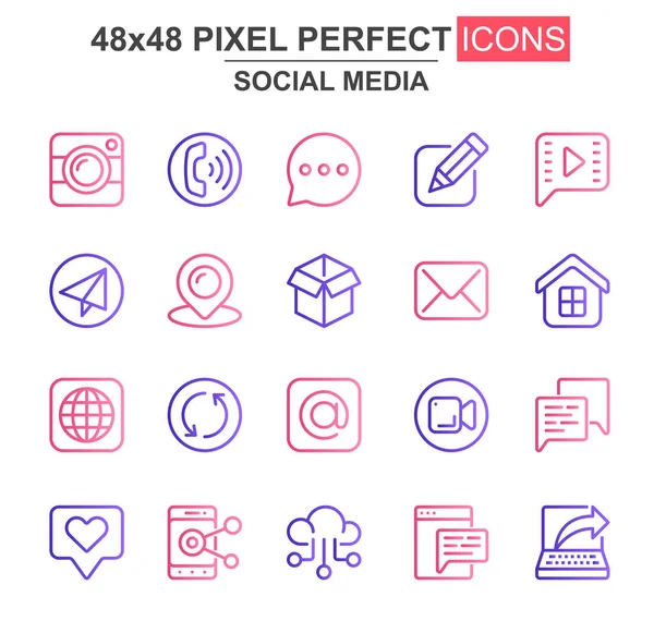 社交媒体细线图标集 电子邮件 智能手机 盒子独特的图标 Ux设计的概要向量丛 48X48像素完美线性象形文字包 — 图库矢量图片