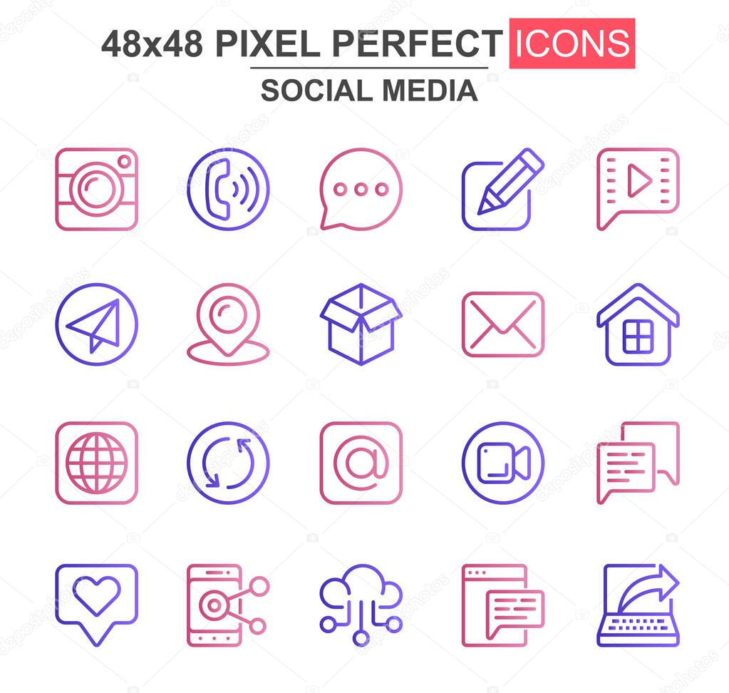 Social media thin line icon set. Message, call, chat, email, smartphone, pinpointer, like, camera, box unique icons. Outline vector bundle for UI UX design. 48x48 pixel perfect linear pictogram pack.