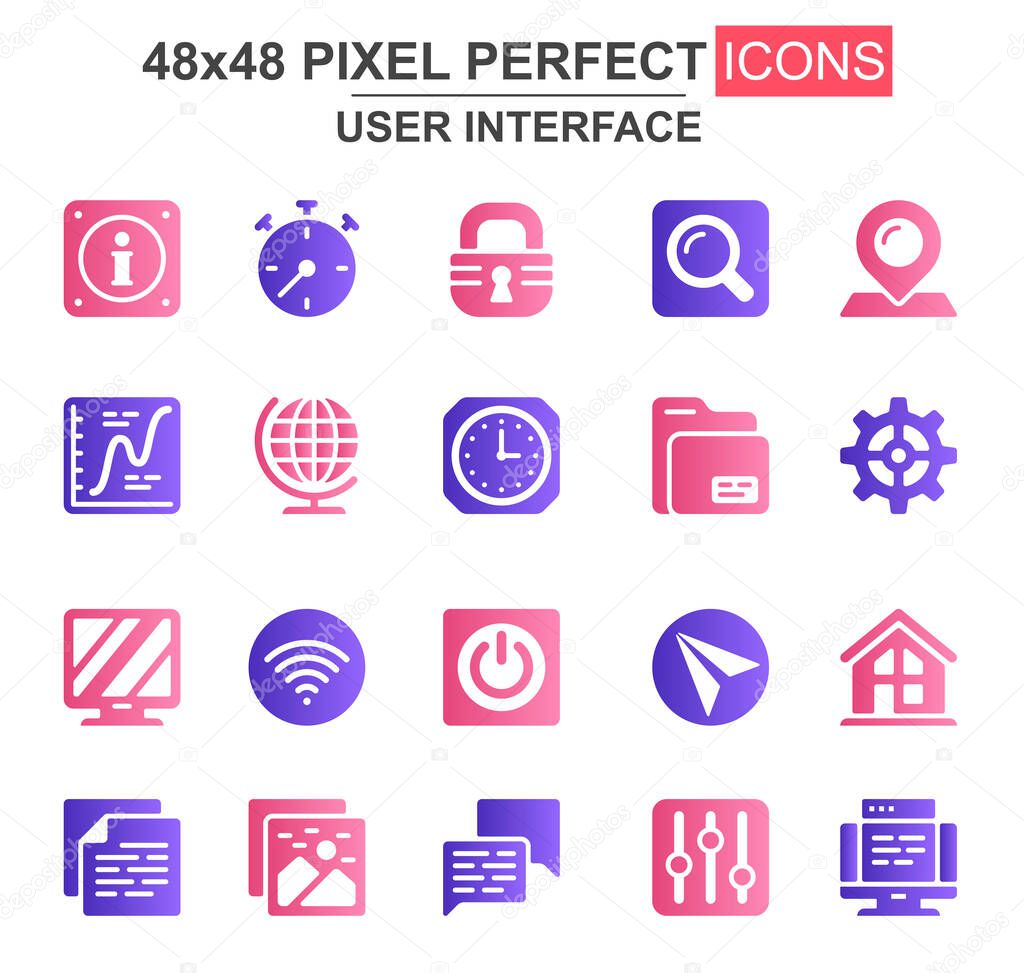 User interface glyph icon set. Pinpointer, lock, gear, email, magnifier, clock, wifi, settings, search, chart unique icons. Flat vector bundle for UI UX design. 48x48 pixel perfect GUI pictograms pack