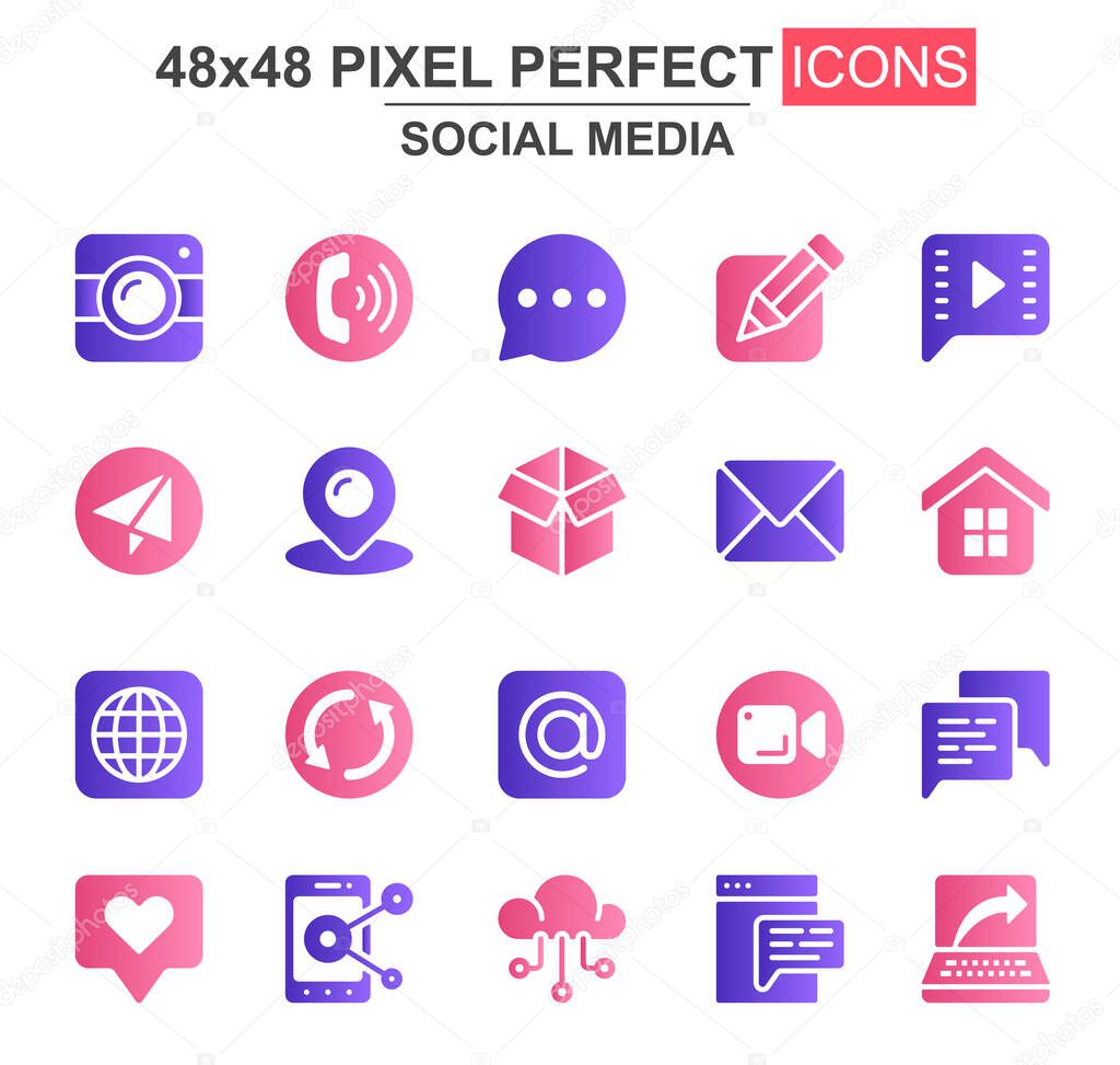 Social media glyph icon set. Message, call, chat, mail, smartphone, pinpointer, like, camera, cloud storage unique icons. Flat vector bundle for UI UX design. 48x48 pixel perfect GUI pictograms pack.