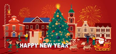 Mutlu Noeller düz stil tebrik kartı. Noel Baba ve insanları kutlayan süslü çam ağacı olan Xmas posteri. 2021 Mutlu Yıllar vektör illüstrasyonu. Yatay Noel afişi, web sitesi başlığı