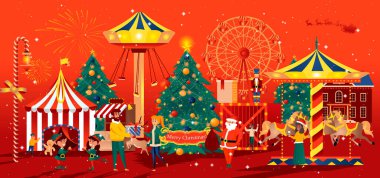 Noel panayırı tebrik kartı. Kış karnavalı, atlıkarınca, noel pazarı ve alışveriş insanları. 2021 Mutlu Yıllar vektör illüstrasyonu. Yatay Xmas parti afişi, web sitesi başlığı.