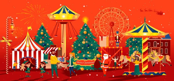 Χριστουγεννιάτικη Ευχετήρια Κάρτα Επίπεδη Στυλ Χειμερινό Καρναβάλι Και Καρουζέλ Χριστουγεννιάτικες — Διανυσματικό Αρχείο