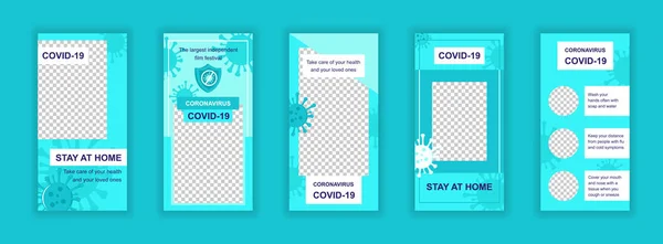 Coronavirus Covid Bewerkbare Sjablonen Ingesteld Voor Instagram Verhalen Blijf Thuis — Stockvector