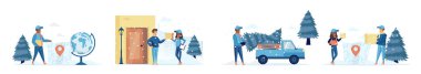 Karakterlerin olduğu sahnelerin kış teslimatı. Kapılara kurye ile paket teslimat hizmetlerini ekspres yapın. Kış zamanı nakliye ve lojistik çizgi film vektör çizimi.