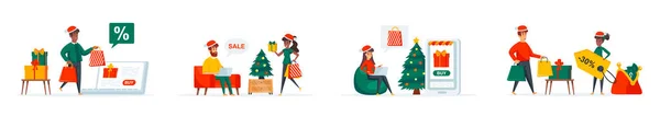 Різдвяний Магазин Сцен Пласкими Персонажами Щаслива Пара Сумками Різдвяні Канікули — стоковий вектор