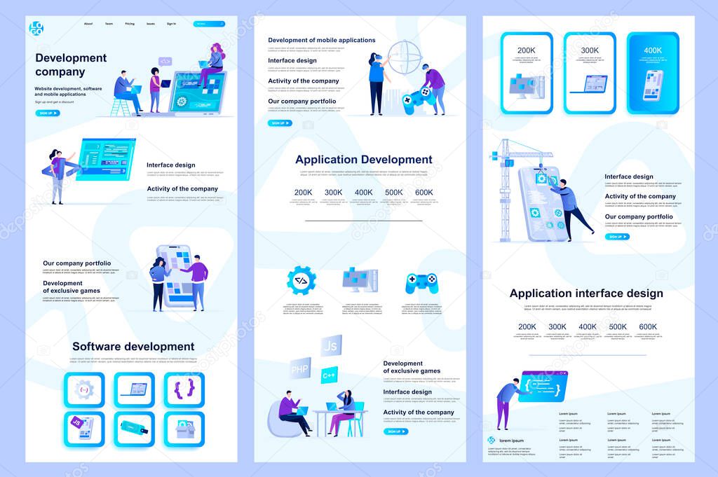 Development company flat landing page. Software engineering, application development corporate website design. Web banner template with header, middle content, footer. Vector illustration with people.