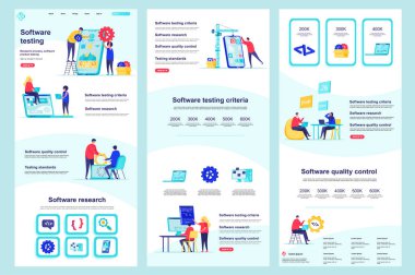 Software testing flat landing page. Programs debugging and optimization corporate website design. Web banner template with header, middle content, footer. Vector illustration with people characters. clipart