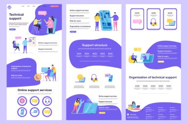Technical support flat landing page. Online consultation and assistance service corporate website design. Web banner with header, middle content, footer. Vector illustration with people characters. clipart