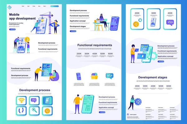 Mobiele App Ontwikkeling Platte Landing Page Smartphone Applicatie Construeren Testen — Stockvector