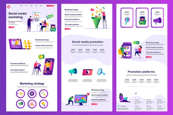 Marketing Mídia Social Flat Landing Page Estratégia Marketing Plataforma Promoção — Vetor de Stock