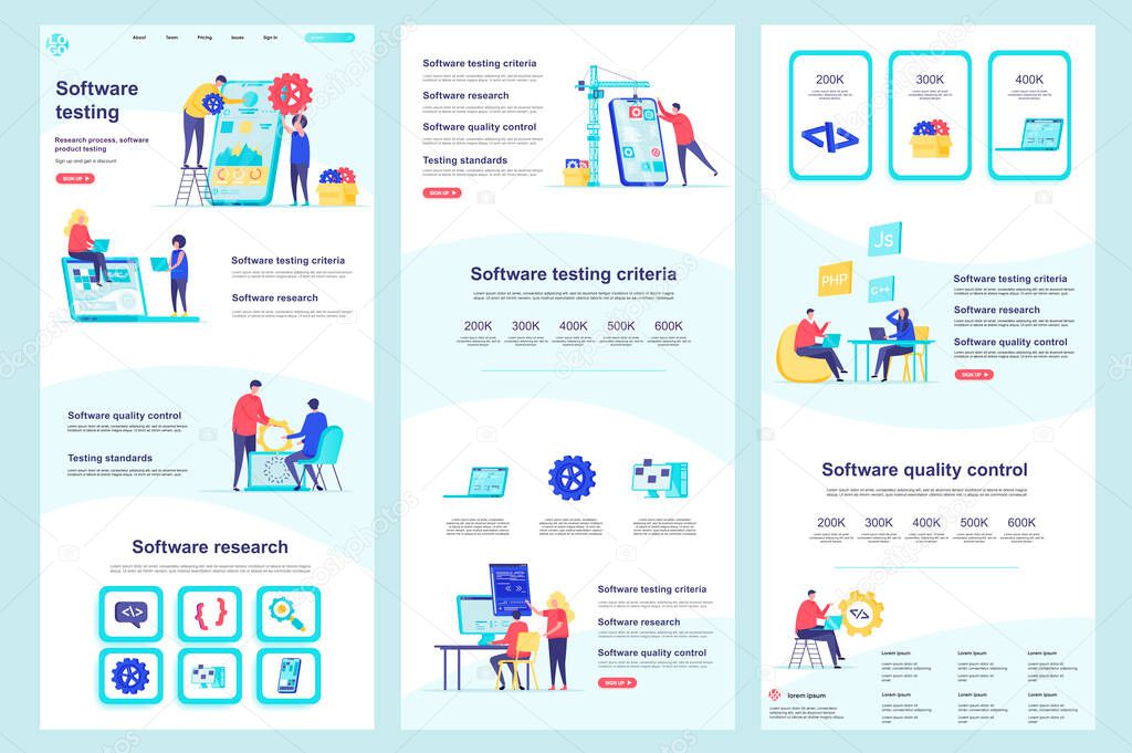 Software testing flat landing page. Programs debugging and optimization corporate website design. Web banner template with header, middle content, footer. Vector illustration with people characters.