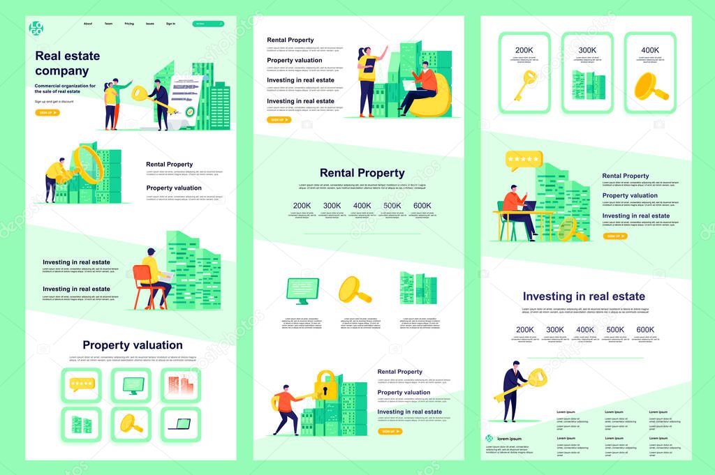 Real estate company flat landing page. Rental property, buy, sale and mortgage corporate website design. Web banner with header, middle content, footer. Vector illustration with people characters.