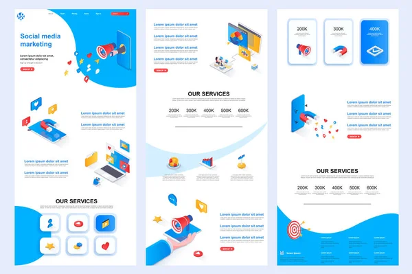 Social Media Marketing Halaman Pendaratan Isometric Strategi Pemasaran Promosi Platform - Stok Vektor