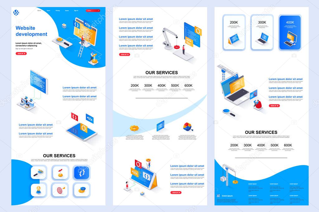 Website development isometric landing page. Full stack engineering, construct corporate website design template. Web banner with header, middle content, footer. Isometry vector illustration.