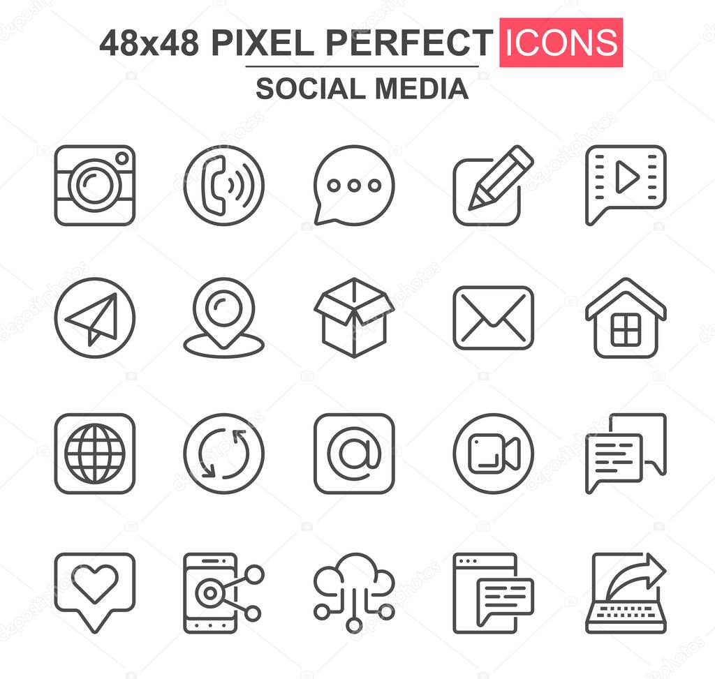 Social media thin line icon set. Message, call, chat, email, smartphone, pinpointer, like, camera, box unique icons. Outline vector bundle for UI UX design. 48x48 pixel perfect linear pictogram pack.