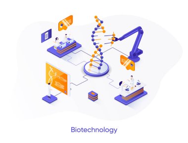 Biyoteknoloji şirketi izometrik web pankartı. Genetik mühendisliği izometri konsepti. Modern laboratuvar 3D sahnesinde bilim araştırması, DNA dizilimi düz tasarım. İnsan karakterleri ile vektör illüstrasyonu