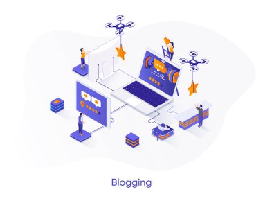 Blog izometrik web pankartı. Çoklu ortam içeriği çevrimiçi izometri konsepti yayınlıyor. Kişisel video prodüksiyon 3D sahne, blog platformu düz tasarım. İnsan karakterleri ile vektör illüstrasyonu.