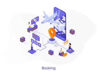 Uçuş rezervasyonu izometrik web pankartı. Uçak bileti rezervasyonu izometri konsepti. Çevrimiçi rezervasyon servisi 3D sahnesi için mobil uygulama. Düz biçimli insanlar ile vektör illüstrasyonuName.