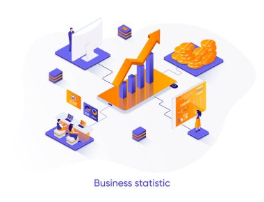 İş istatistiksel izometrik web pankartı. İstatistiksel araştırma izometri kavramı. İş danışmanlığı sahnesi, finansal muhasebe ve analitik düz tasarım. İnsan karakterleri ile vektör illüstrasyonu