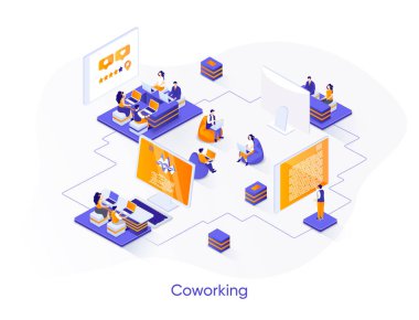 Eş zamanlı izometrik web pankartı. Serbest çalışanların çalışma alanı izometri konsepti. İş iletişimi ve işbirliği için açık alan 3D sahne tasarımı. İnsan karakterleri ile vektör illüstrasyonu.