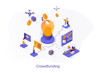 Kalabalık finansmanı izometrik web pankartı. Bağış toplama, girişim yatırımları eşölçü konsepti. Kalabalık finansman platformu 3D sahne, para bağışı düz tasarım. İnsan karakterleri ile vektör illüstrasyonu.