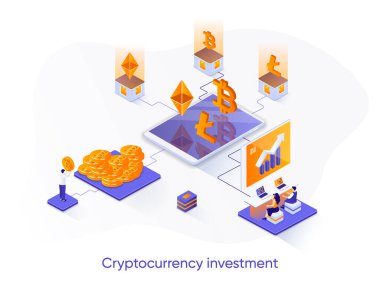 Kripto para birimi yatırımı izometrik web pankartı. Kripto-para değişimi izometri kavramı. Sermaye yatırımı, engelleme teknolojisi 3D sahne. İnsan karakterleri ile vektör illüstrasyonu.