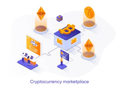 Kripto para piyasası izometrik web pankartı. Kripto para ticareti platformu izometri konsepti. Çevrimiçi satın alma, satma ve takas servisi 3D sahne tasarımı. İnsan karakterleri ile vektör illüstrasyonu.