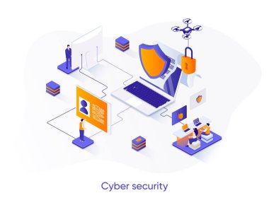 Siber güvenlik izometrik web pankartı. Ağ ve veri koruması izometri kavramı. Firewall yazılım 3D sahne, internet gizliliği ve kimlik tasarımı. İnsan karakterleri ile vektör illüstrasyonu.