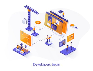Geliştiriciler takımı izometrik web pankartı. Tam yığın yazılım geliştirme şirketi izometri konsepti. Uygulama mühendisliği, programlama ve 3D sahne tasarımı testleri. İnsan karakterleri ile vektör illüstrasyonu.