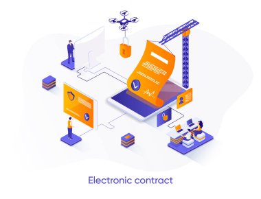 Elektronik sözleşmeli izometrik web pankartı. Çevrimiçi sözleşme ya da belge teknolojisi izometri kavramı. Dijital imza işi çözümü 3D sahne tasarımı. İnsan karakterleri ile vektör illüstrasyonu