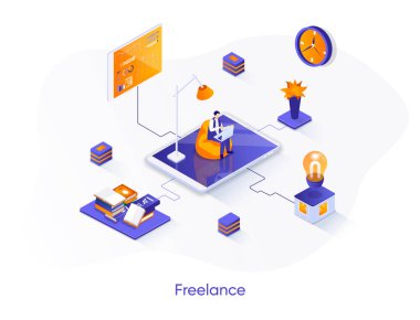 Serbest izometrik web pankartı. Dış kaynak geliştirme izometri kavramı. Profesyonel serbest meslek 3D sahne, uzak iş gücü daire tasarımı. İnsan karakterleri ile vektör illüstrasyonu.