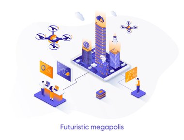 Fütürist megapolis izometrik web pankartı. Akıllı şehir, kentsel Hitech çözümü izometri kavramı. Modern mimari ve dijital teknolojiler 3D sahne tasarımı. İnsan karakterleri ile vektör illüstrasyonu.