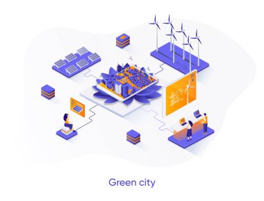 Green City izometrik web pankartı. Alternatif güç üretimi izometri kavramı. Güneş pili ve rüzgar türbini 3D sahne, yeşil enerji teknolojisi düz tasarım. İnsan karakterleri ile vektör illüstrasyonu