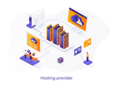 Sunucu izometrik web pankartı. Web sitesi sunucu servisi izometri kavramı. İnternet sağlayıcısı donanım teknolojisi, teknik destek 3D sahne tasarımı. İnsan karakterleri ile vektör illüstrasyonu.