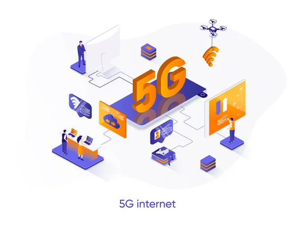 5Gインターネットアイソメトリックウェブバナー モバイル通信システムのアイソメトリコンセプト 5G世代標準3Dシーン セルラーネットワーク技術フラットデザイン 人物とのベクターイラスト — ストックベクタ
