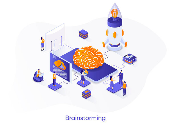 Мозговой штурм изометрического веб-баннера. Инновационная концепция создания идеи изометрии. Творчество в команде и сотрудничество 3D сцена, запуск проекта плоский дизайн. Векторная иллюстрация с персонажами.