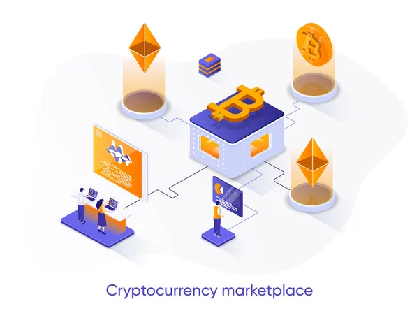 Kriptovaluta Piac Izometrikus Web Banner Cryptocurrency Kereskedési Platform Izometria Koncepció — Stock Vector