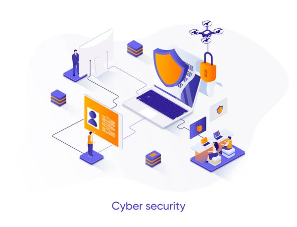 Cybersecurity Isometrische Web Banner Isometrieconcept Voor Netwerk Gegevensbescherming Firewall Software — Stockvector