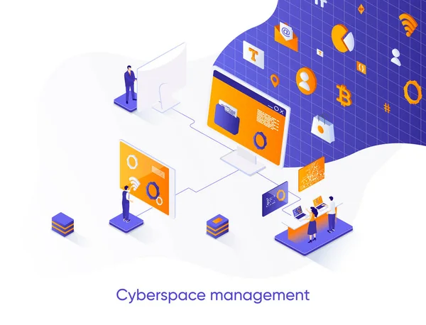 Cyberspace Management Izometrický Web Banner Správa Sítě Software Řešení Izometrie — Stockový vektor