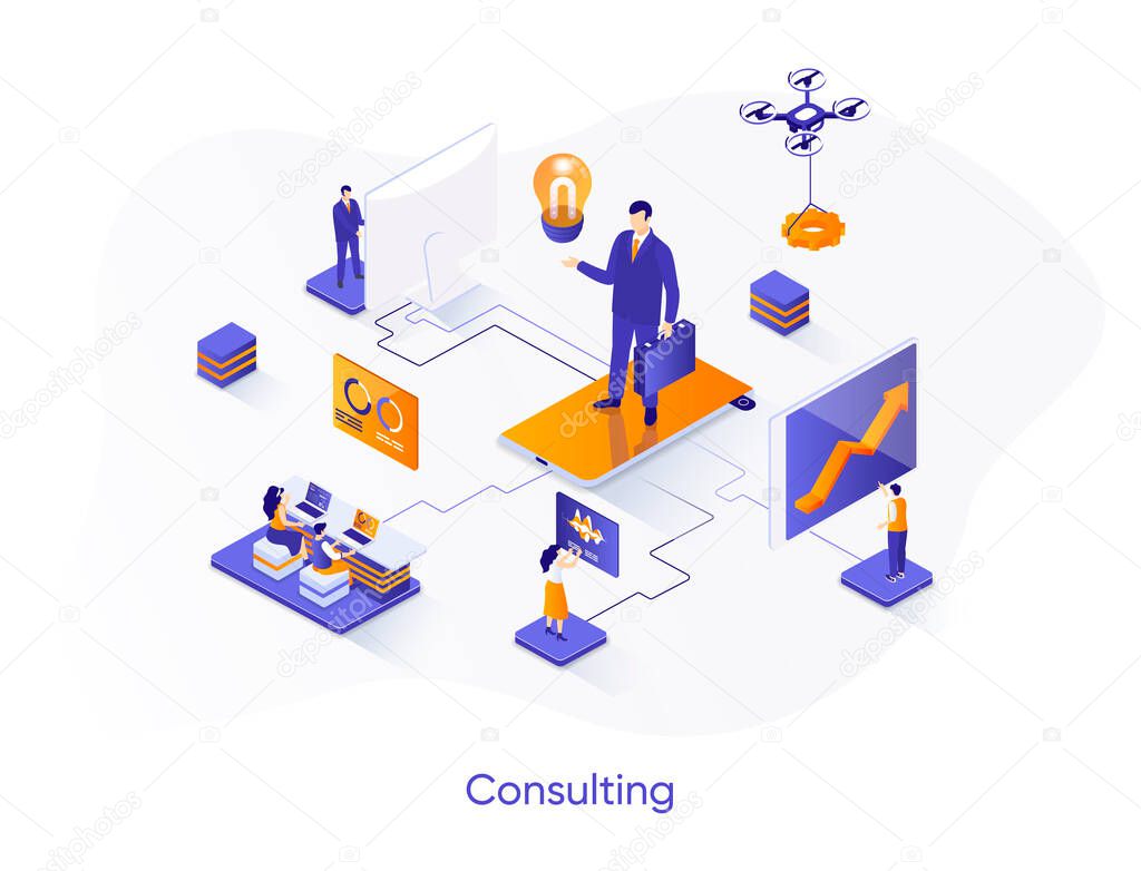 Consulting isometric web banner. Competent business expertise and law assistance isometry concept. Financial audit, accounting services 3d scene design. Vector illustration with people characters.