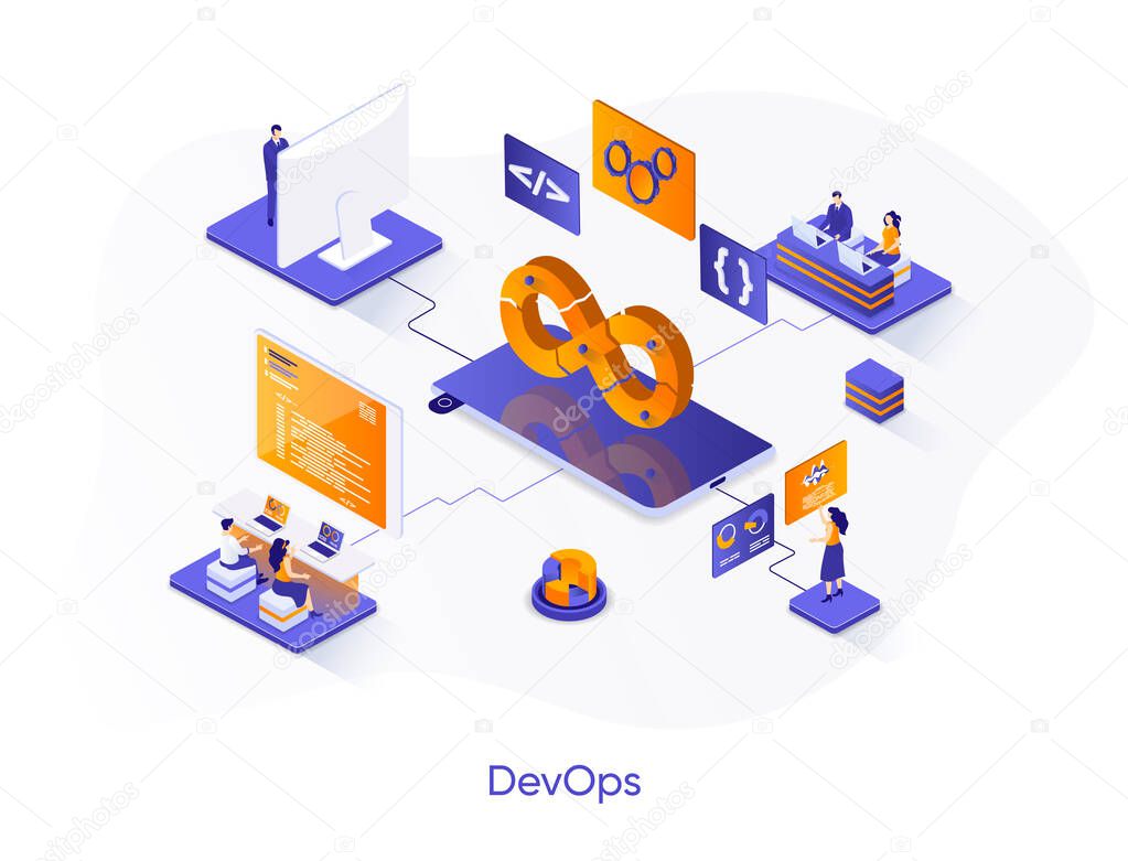 DevOps isometric web banner. Development operations isometry concept. Programming and engineering service 3d scene, computer system administration design. Vector illustration with people characters.