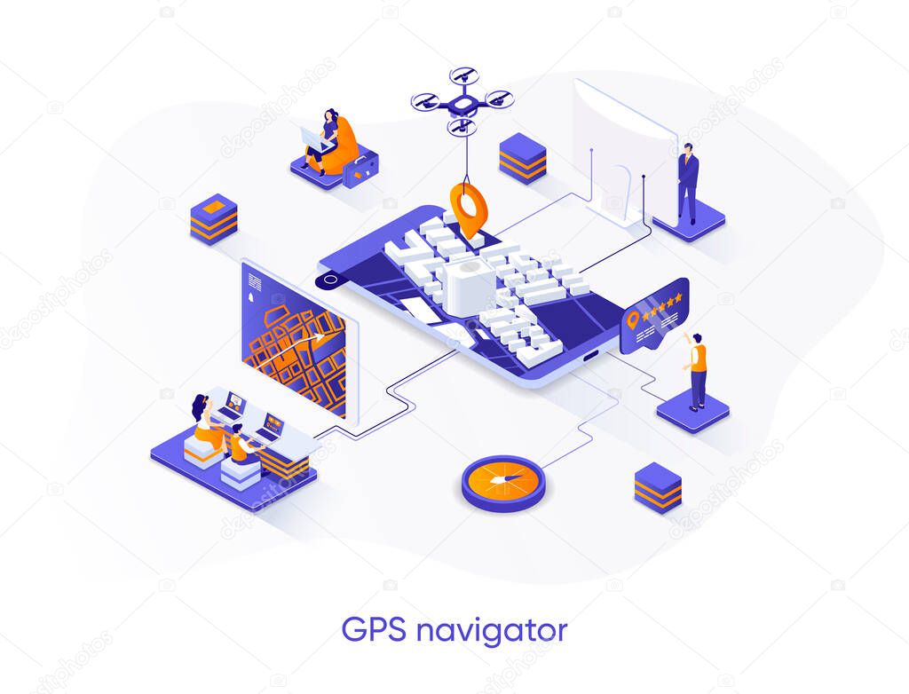 GPS navigator isometric web banner. Geolocation and navigation system isometry concept. Route planning, orientation and direction solution 3d scene design. Vector illustration with people characters.