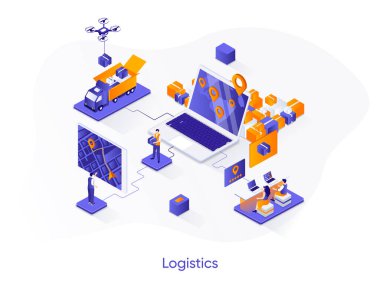 Lojistik izometrik web pankartı. Ekspres teslimat, lojistik şirketi izometri konsepti. Nakliye 3D sahnesi, depolama ve dağıtım dairesi tasarımı. İnsan karakterleri ile vektör illüstrasyonu.